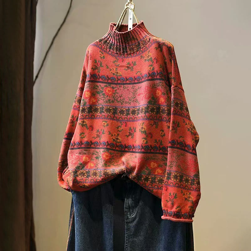 Buddha Stones冬 カラーブロック フラワー柄 モックネック 長袖 レディース コットンセーター - オレンジレッド - US4-6、 UK/AU8-10、 EU36-38 (F) - image 13