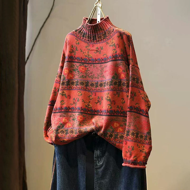 Buddha Stones冬 カラーブロック フラワー柄 モックネック 長袖 レディース コットンセーター - オレンジレッド - US4-6、 UK/AU8-10、 EU36-38 (F) - image 13