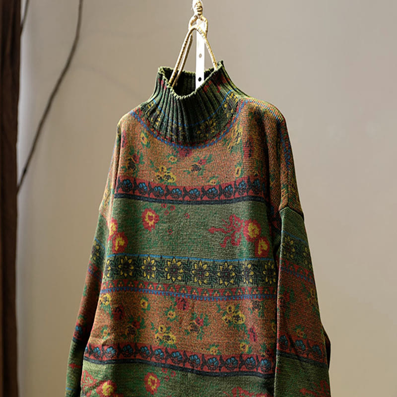 Buddha Stones冬 カラーブロック フラワー柄 モックネック 長袖 レディース コットンセーター - image 16