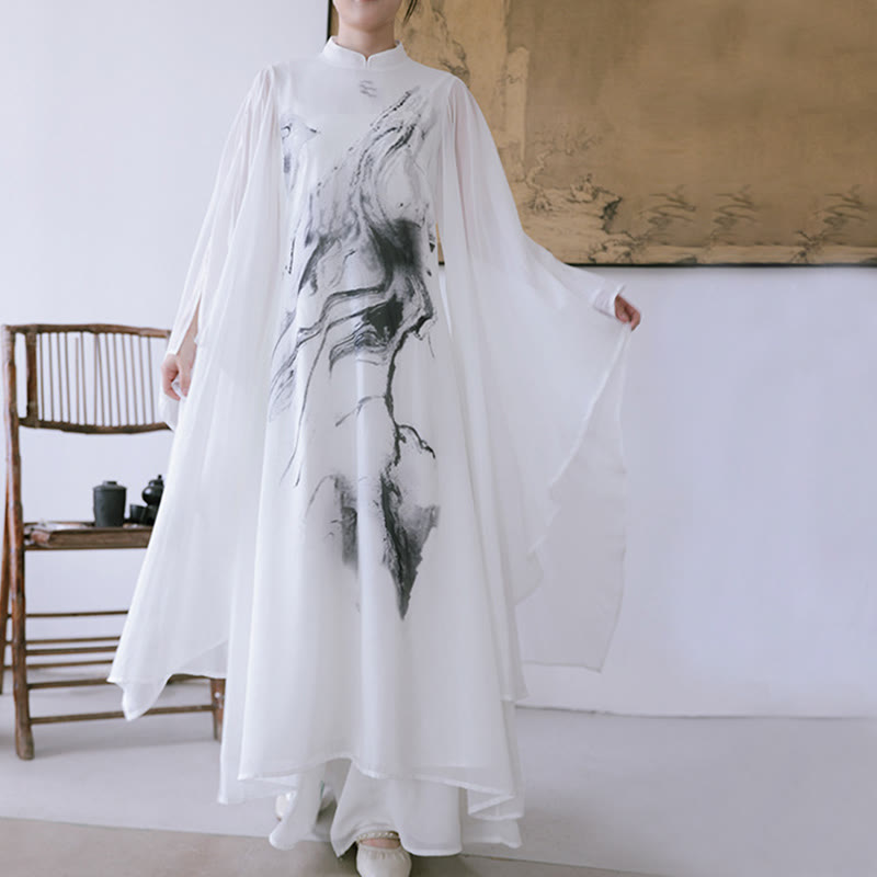 Buddha Stonesホワイトインクプリントデザイン 半袖 レディース 瞑想 ミディドレス パンツ 禅服 - image 4