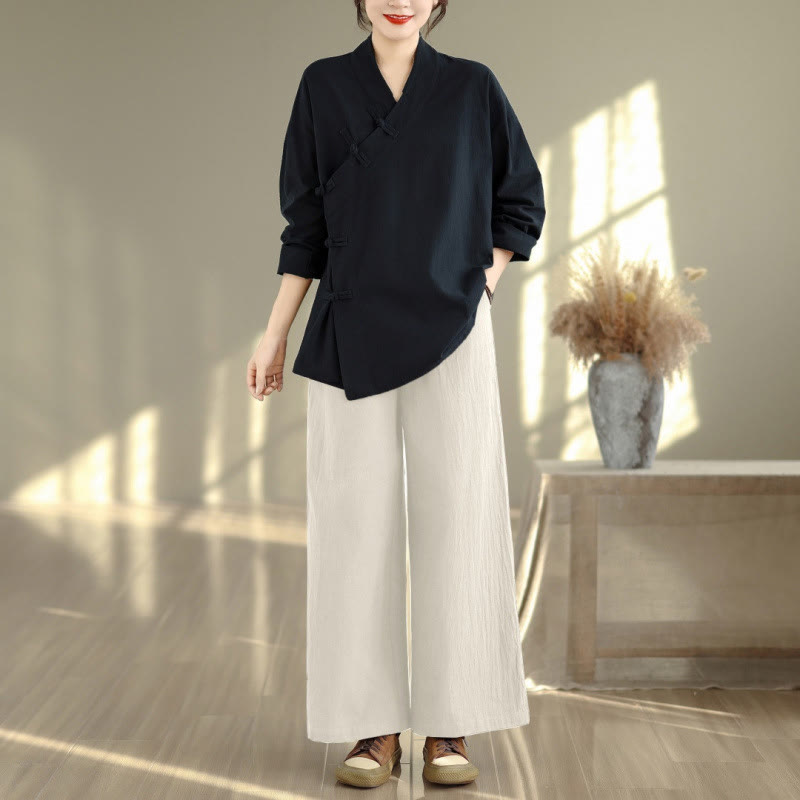 Buddha Stones 2点 Vネック 長袖シャツ ワイドレッグパンツ 禅瞑想 レディース セット - 黒シャツとベージュパンツ - US8-10，UK/AU12-14，EU40-42 (2XL) - image 11