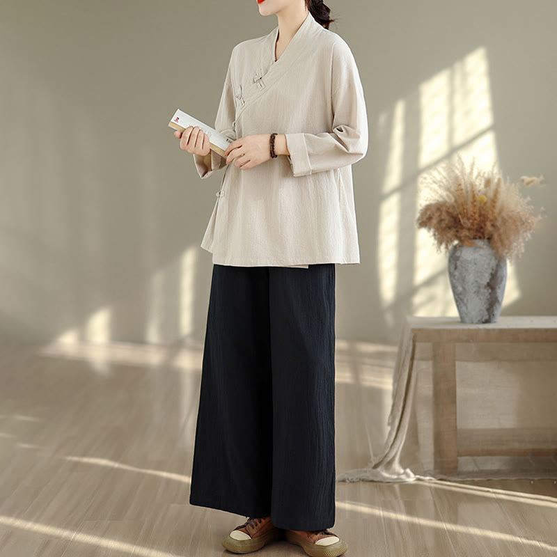 Buddha Stones 2点 Vネック 長袖シャツ ワイドレッグパンツ 禅瞑想 レディース セット - image 1