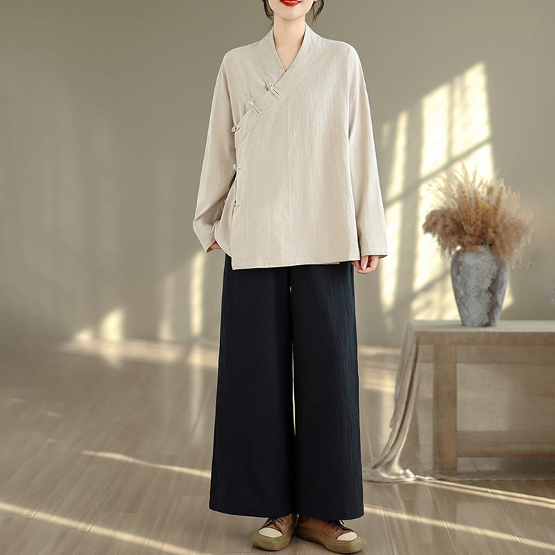Buddha Stones 2点 Vネック 長袖シャツ ワイドレッグパンツ 禅瞑想 レディース セット - image 3