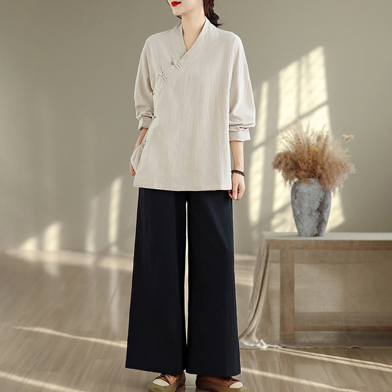 Buddha Stones 2点 Vネック 長袖シャツ ワイドレッグパンツ 禅瞑想 レディース セット - image 4