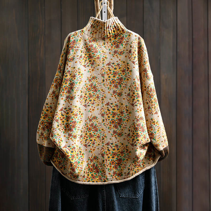 Buddha Stonesレディース ニット フローラル コットン リブヘム 長袖 モックネック セーター - image 1