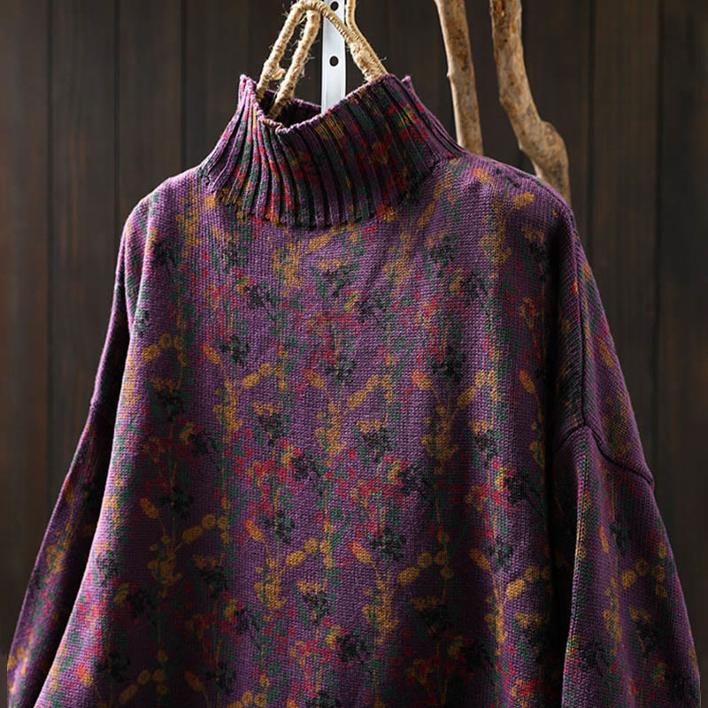 Buddha Stonesニット植物柄長袖モックネックレディースコットンセーター - image 8