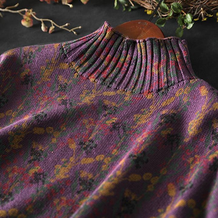 Buddha Stonesニット植物柄長袖モックネックレディースコットンセーター - image 10