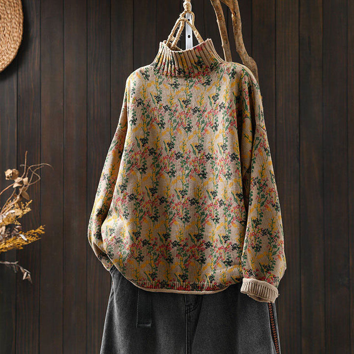 Buddha Stonesニット植物柄長袖モックネックレディースコットンセーター - バーリーウッド - US4-6、 UK/AU8-10、 EU36-38 (F) - image 0