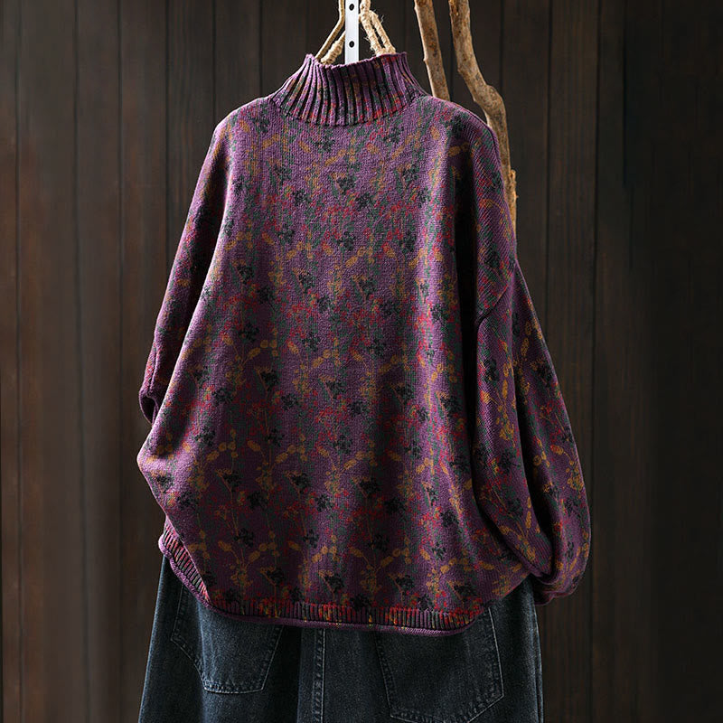 Buddha Stonesニット植物柄長袖モックネックレディースコットンセーター - image 7