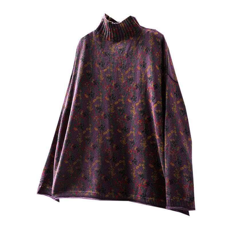 Buddha Stonesニット植物柄長袖モックネックレディースコットンセーター - image 17