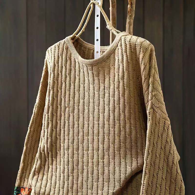 Buddha Stones冬用パッチワークデザイン 長袖 クルーネック レディース コットンセーター - image 3