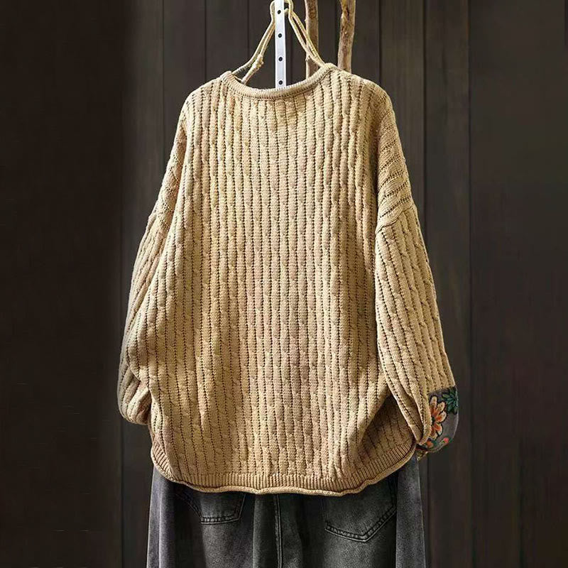 Buddha Stonesの冬用パッチワークデザイン長袖クルーネックレディースセーター - image 2