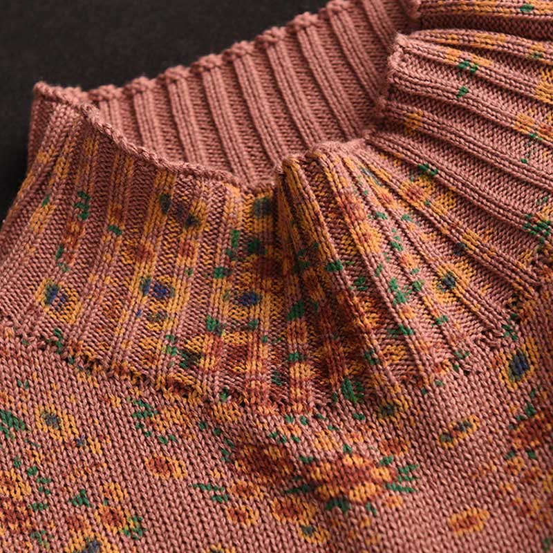 Buddha Stones秋 プリント 花柄 長袖 モックネック レディース ニット コットン セーター - image 3