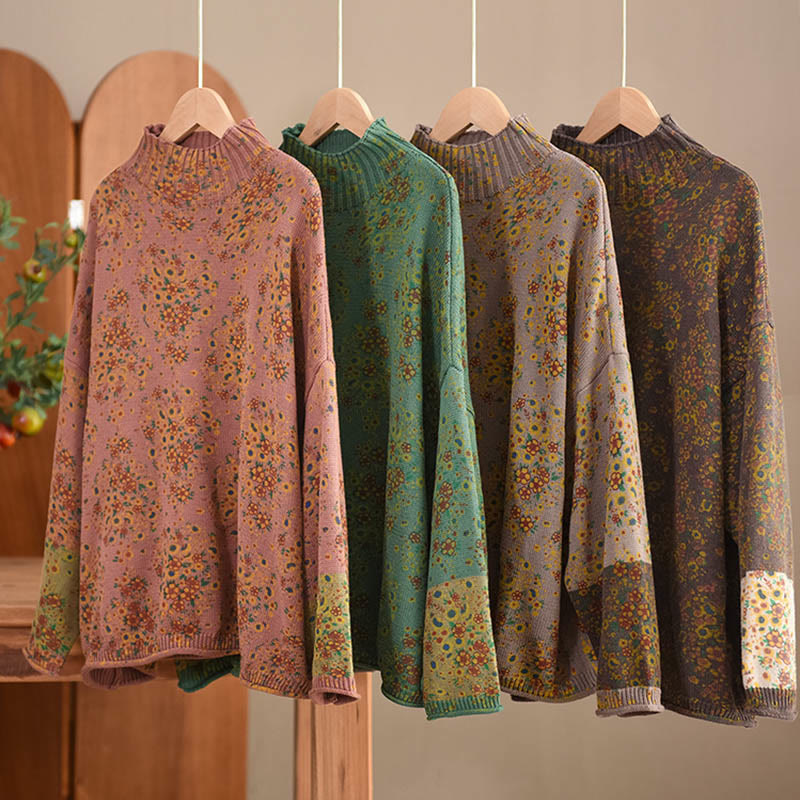 Buddha Stones秋 プリント 花柄 長袖 モックネック レディース ニット コットン セーター - image 20