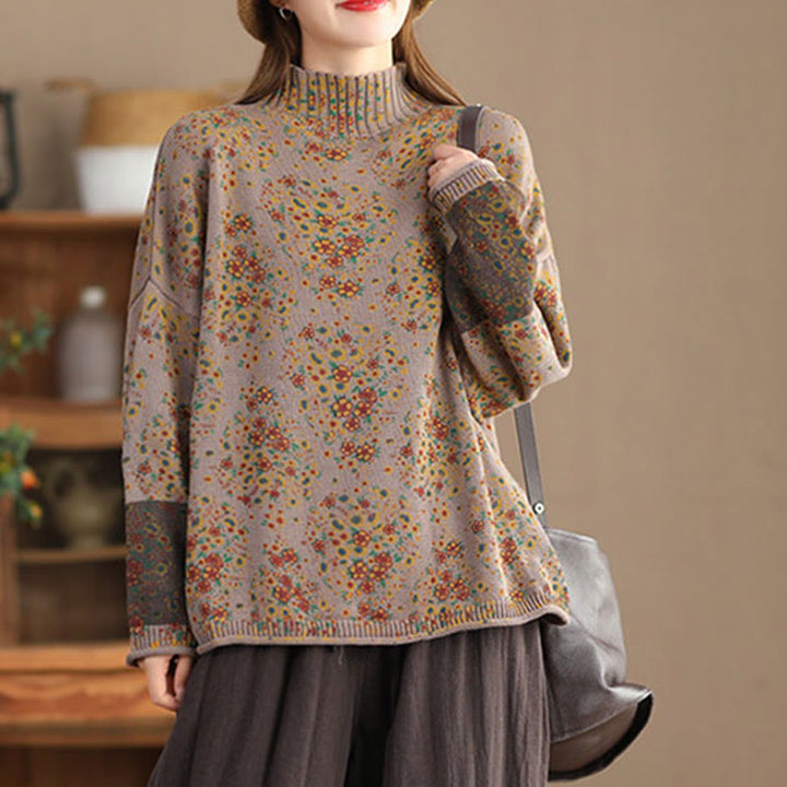 Buddha Stonesの秋プリント花柄長袖モックネックレディースニットセーター - image 13