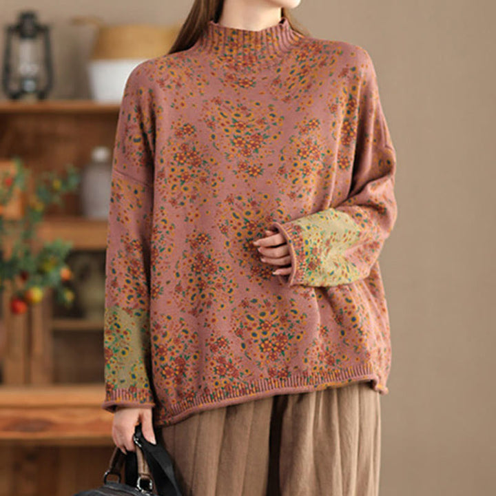 Buddha Stonesの秋プリント花柄長袖モックネックレディースニットセーター - image 1