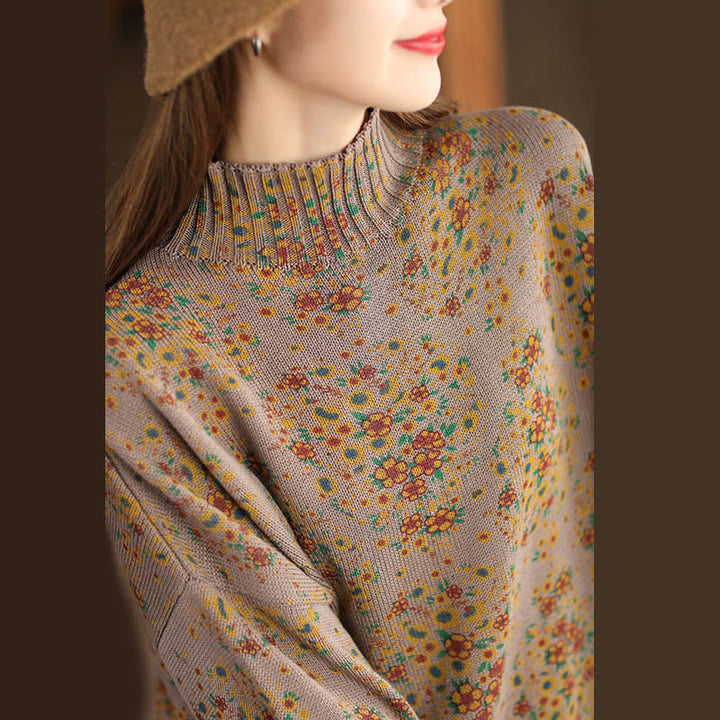 Buddha Stones秋 プリント 花柄 長袖 モックネック レディース ニット コットン セーター - image 14