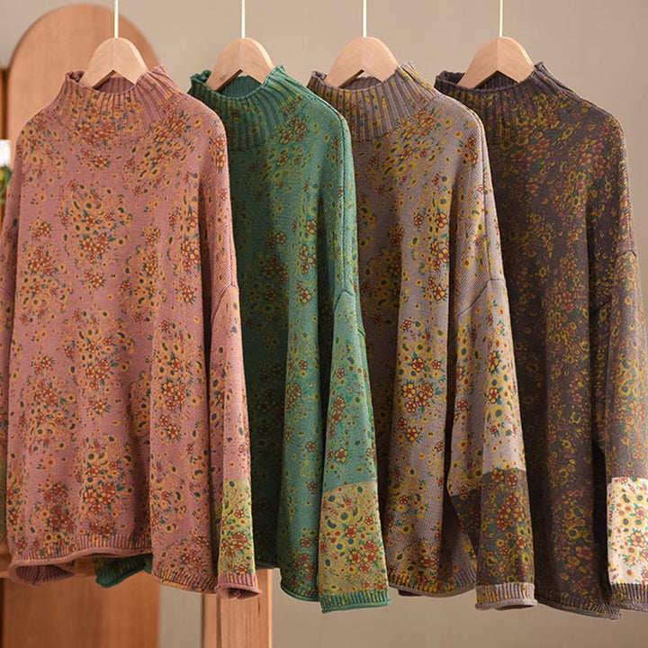 Buddha Stonesの秋プリント花柄長袖モックネックレディースニットセーター - image 19