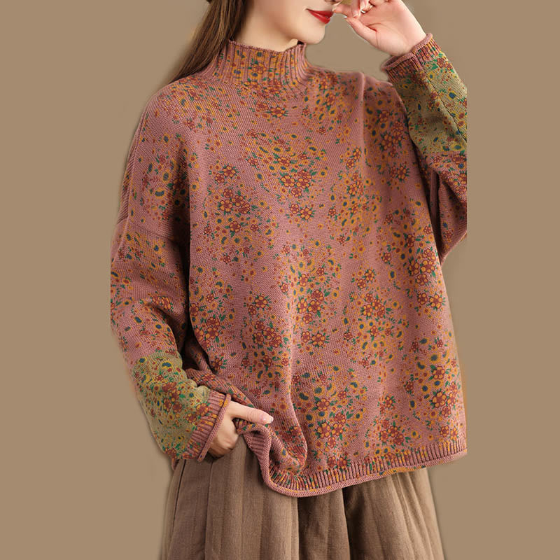Buddha Stonesの秋プリント花柄長袖モックネックレディースニットセーター - image 2