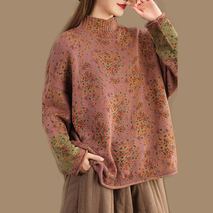 Buddha Stonesの秋プリント花柄長袖モックネックレディースニットセーター - image 2