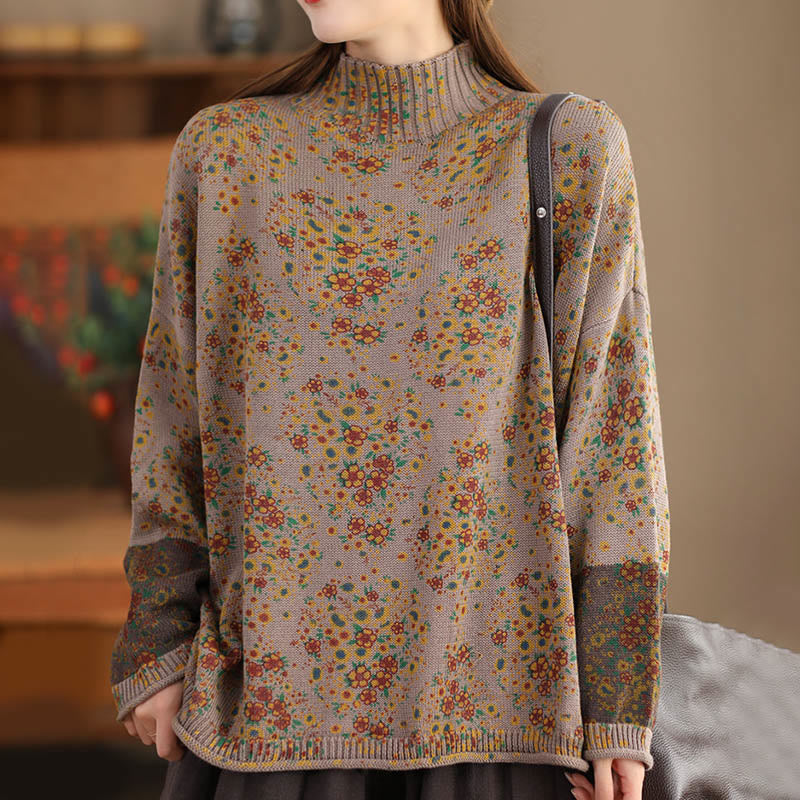 Buddha Stonesの秋プリント花柄長袖モックネックレディースニットセーター - image 12