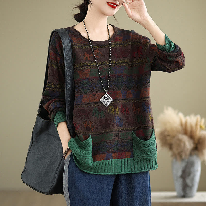 Buddha Stones秋 象柄 ニット コットン レディース 長袖 セーター ポケット付き - サドルブラウン - US4-6、 UK/AU8-10、 EU36-38 (F) - image 13