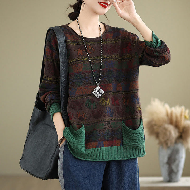 Buddha Stones秋 象柄 ニット コットン レディース 長袖 セーター ポケット付き - サドルブラウン - US4-6、 UK/AU8-10、 EU36-38 (F) - image 13