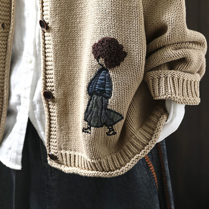 Buddha Stonesパッチワーク図柄ボタンコットンレディース長袖カーディガンセーター - image 4