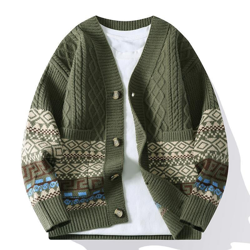 Buddha Stonesジャカード エスニック 長袖 メンズ ニット セーター ポケット付き - ダークオリーブグリーン - US/UK/AU44、 EU54 (4XL) - image 9