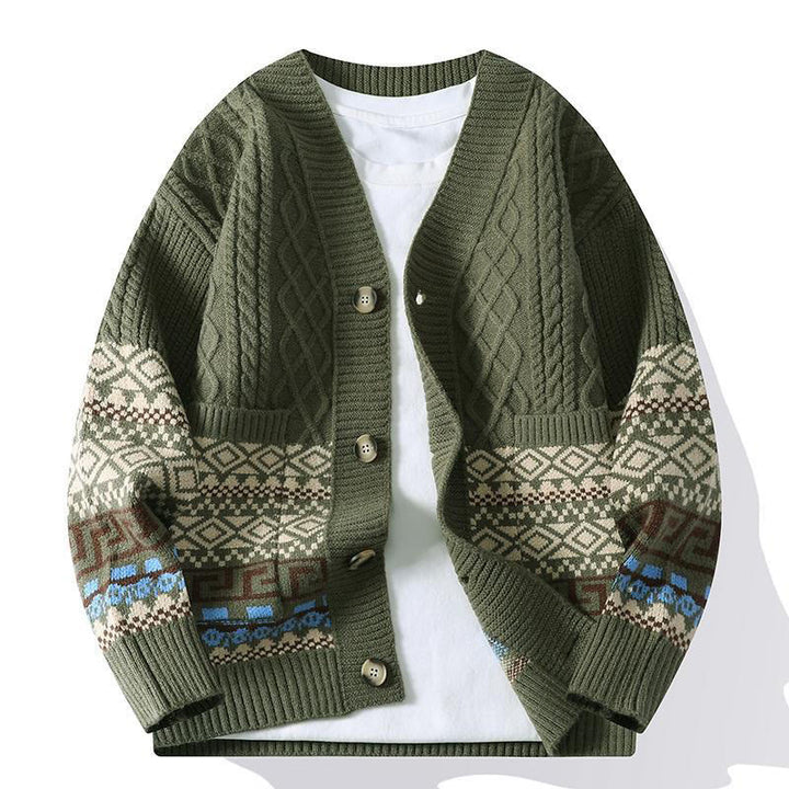Buddha Stonesジャカード エスニック 長袖 メンズ ニット セーター ポケット付き - ダークオリーブグリーン - US/UK/AU44、 EU54 (4XL) - image 9