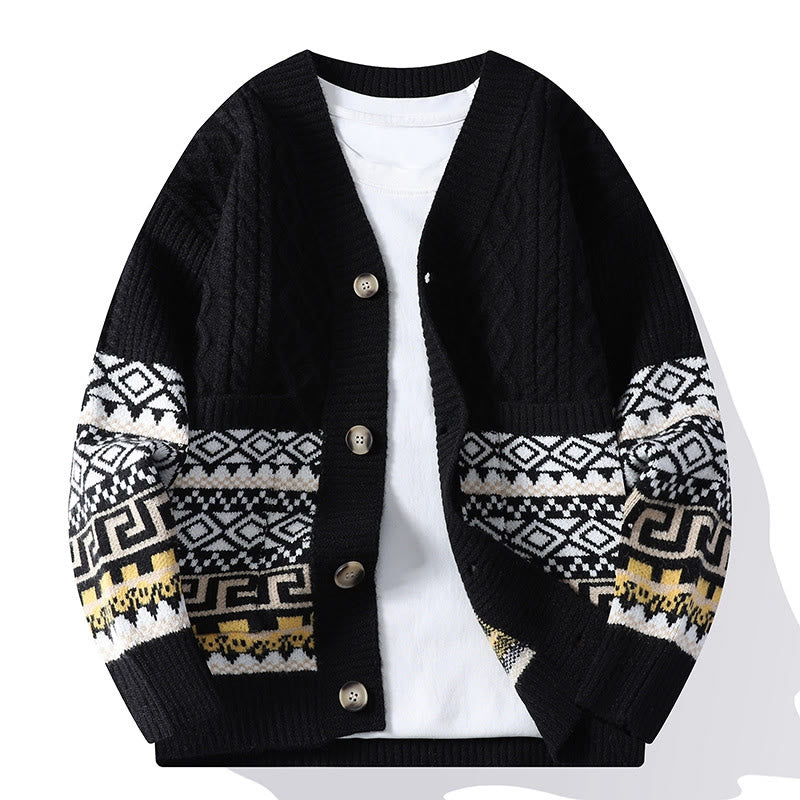 Buddha Stonesジャカード エスニック 長袖 メンズ ニット セーター ポケット付き - 黒 - US/UK/AU44、 EU54 (4XL) - image 7