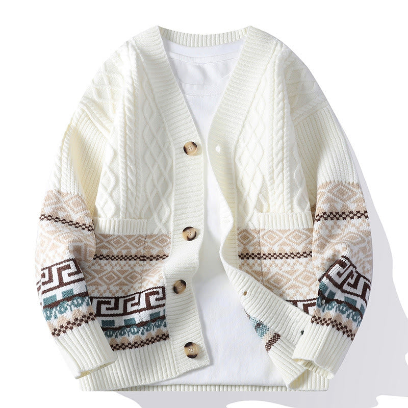Buddha Stonesジャカード エスニック 長袖 メンズ ニット セーター ポケット付き - 白 - US/UK/AU44、 EU54 (4XL) - image 0