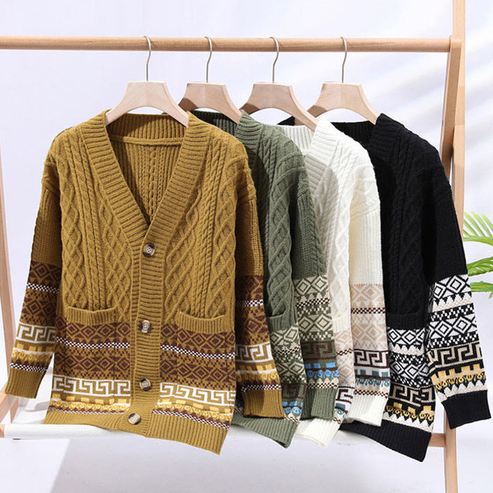 Buddha Stonesジャカード エスニック 長袖 メンズ ニット セーター ポケット付き - image 10