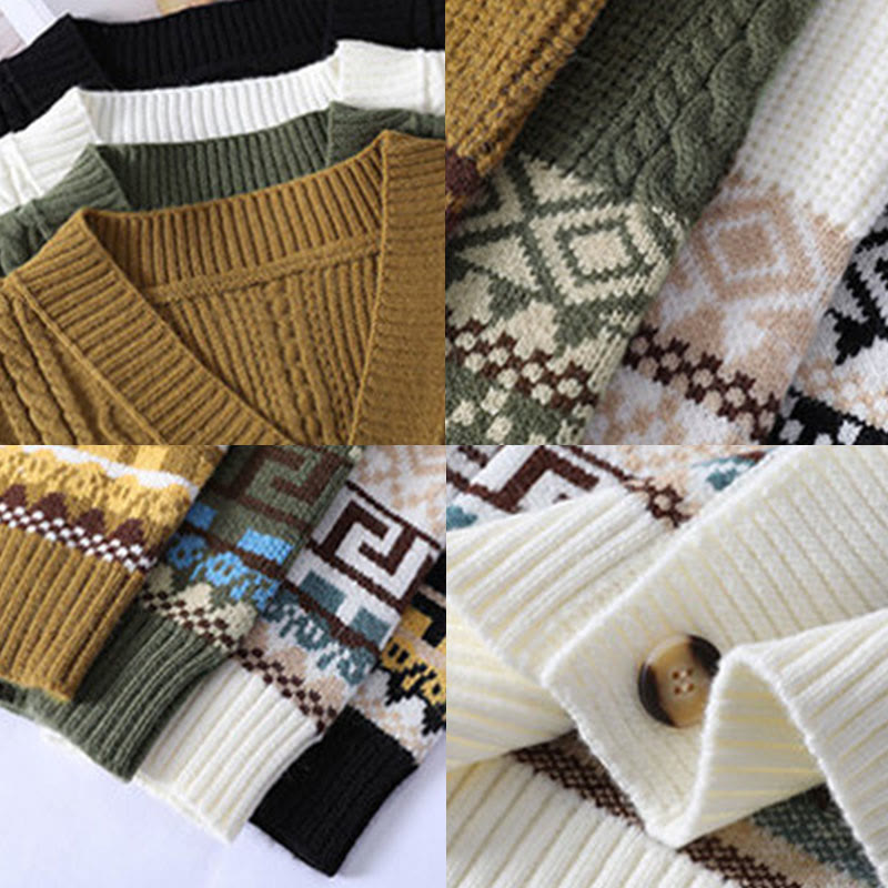 Buddha Stonesジャカード エスニック 長袖 メンズ ニット セーター ポケット付き - image 11