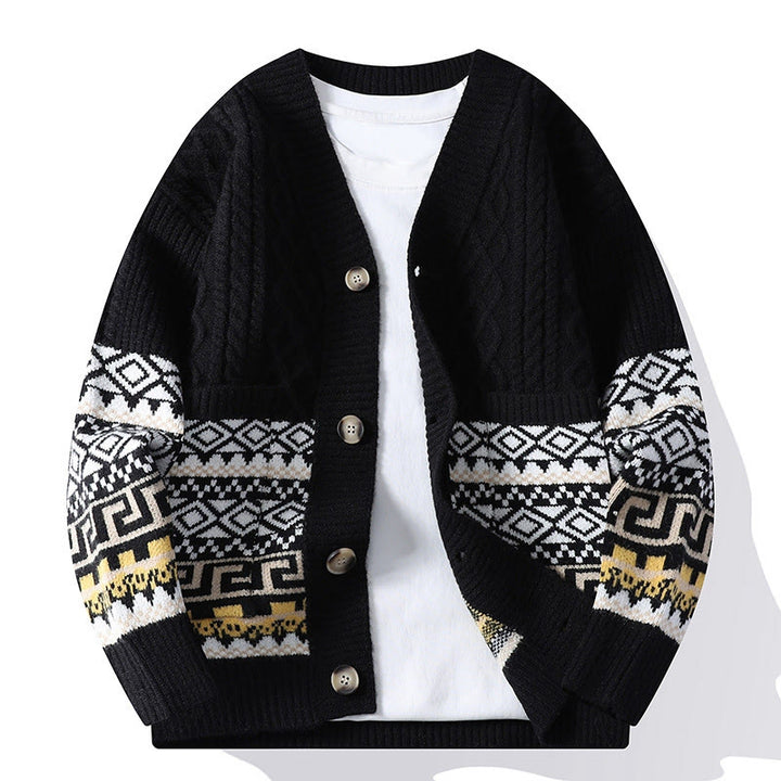 Buddha Stonesジャカード エスニック 長袖 メンズ ニット セーター ポケット付き - 黒 - US/UK/AU44、 EU54 (4XL) - image 7