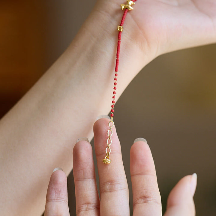 Buddha Stones925スターリングシルバー ゴールドメッキ 馬年 レッド リュウリガラス豊かさブレスレット - image 4