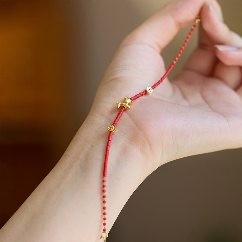 Buddha Stones925スターリングシルバー ゴールドメッキ 馬年 レッド リュウリガラス豊かさブレスレット - image 3