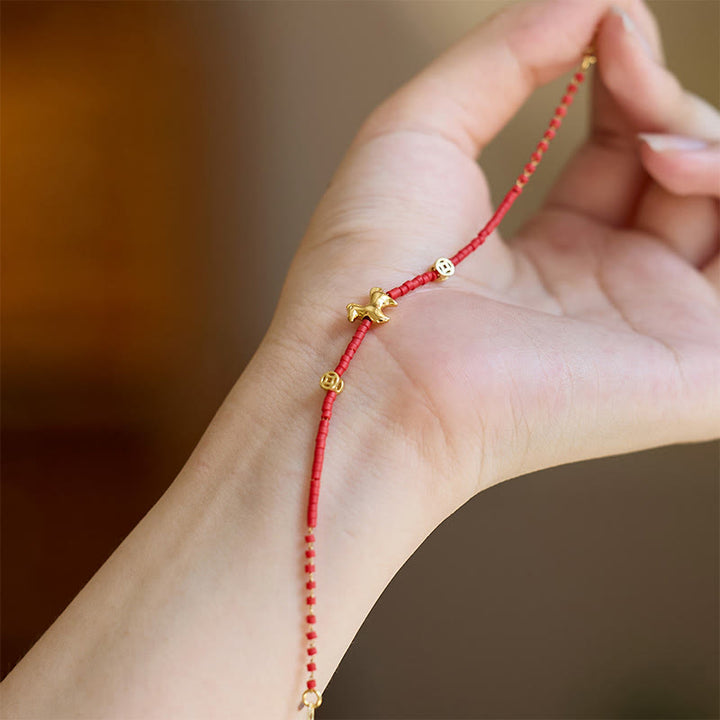 Buddha Stones925スターリングシルバー ゴールドメッキ 馬年 レッド リュウリガラス豊かさブレスレット - image 3