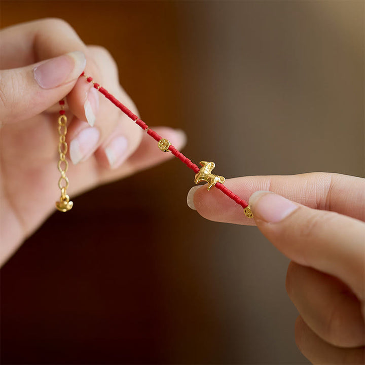 Buddha Stones925 スターリングシルバー ゴールドメッキ 馬年 レッド リュウリ ガラス 仏陀豊かさブレスレット - image 5