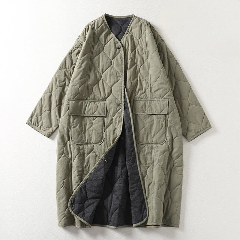 Buddha Stones無地ボタン Vネック 長袖 レディース コットンコート ポケット付き - ダークシーグリーン - US14、 UK/AU18、 EU46 (2XL) - image 6