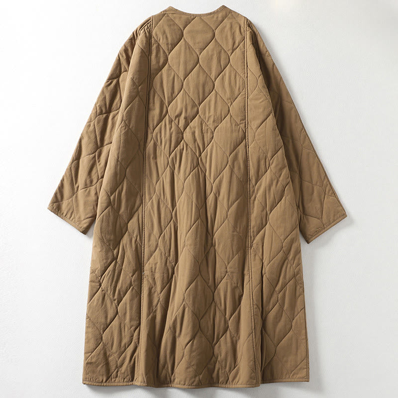 Buddha Stones無地ボタン Vネック 長袖 レディース コットンコート ポケット付き - image 1