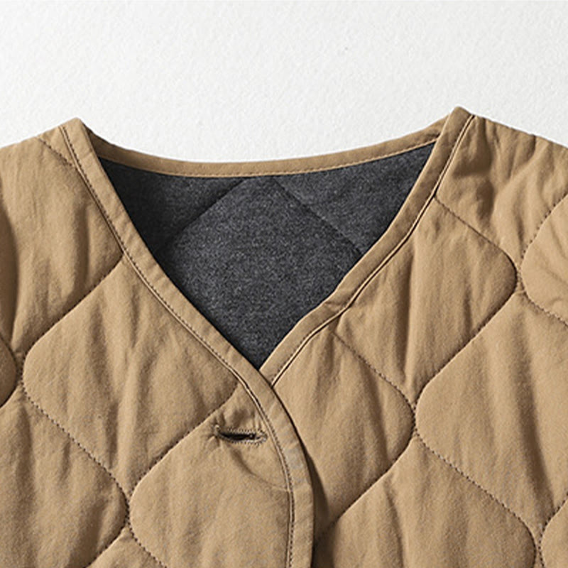 Buddha Stones無地ボタン Vネック 長袖 レディース コットンコート ポケット付き - image 2