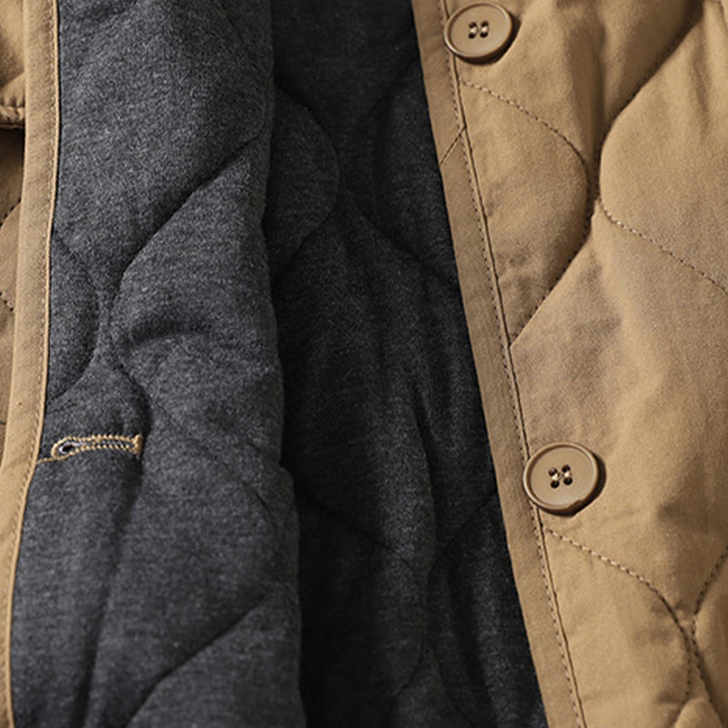 Buddha Stones無地ボタン Vネック 長袖 レディース コットンコート ポケット付き - image 3