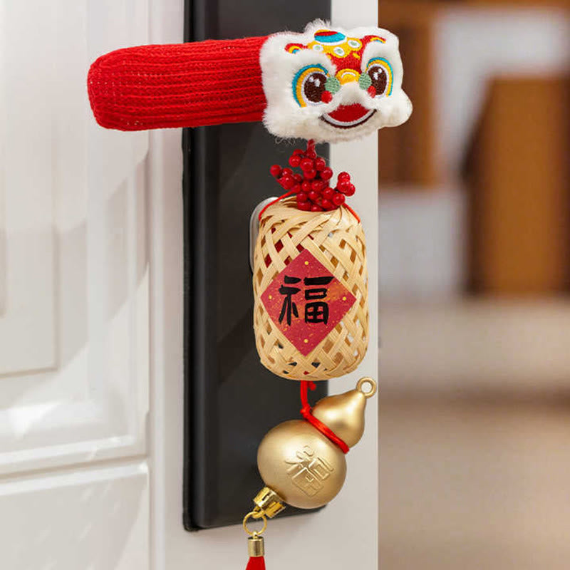 馬年舞獅子福文字Buddha Stonesドアハンドル良縁祈願装飾 - 2ピース ダンシングライオン＆ひょうたん 16×20cm - image 4