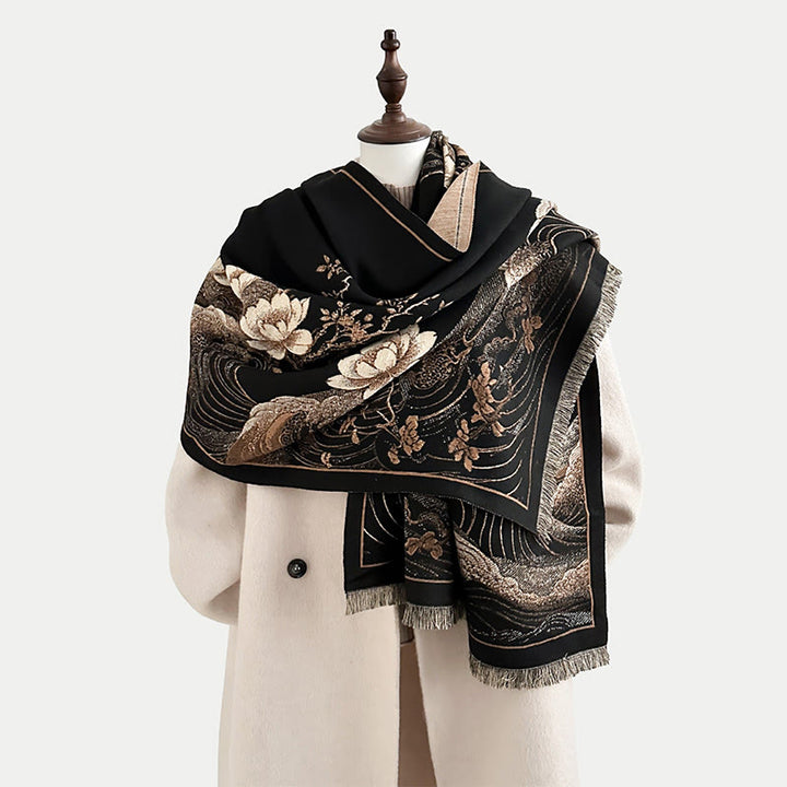 Buddha Stones、秋の蓮の花、海の波模様、ソフトスカーフ、タッセルショール - 黒 - 185×65cm - image 0