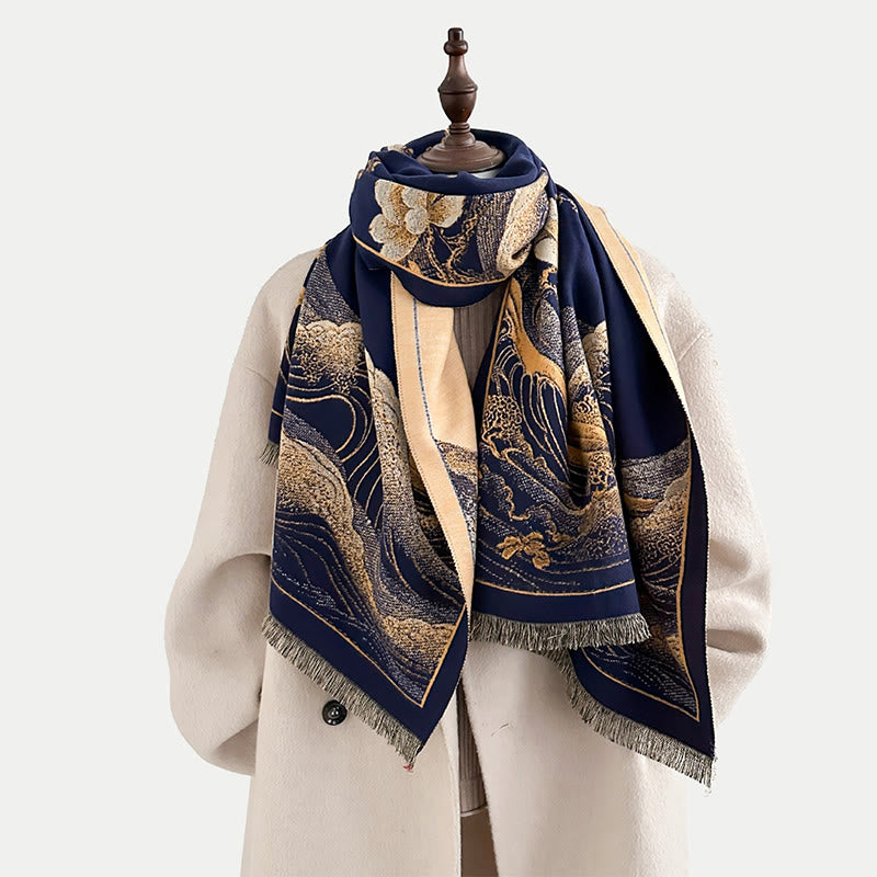 Buddha Stones、秋の蓮の花、海の波模様、ソフトスカーフ、タッセルショール - image 12