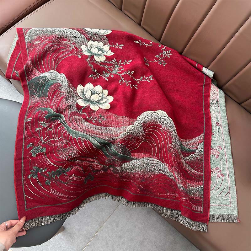 Buddha Stones、秋の蓮の花、海の波模様、ソフトスカーフ、タッセルショール - image 5