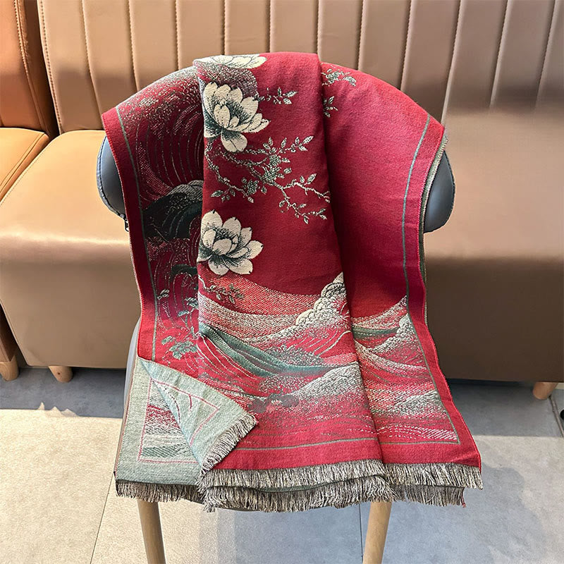 Buddha Stones、秋の蓮の花、海の波模様、ソフトスカーフ、タッセルショール - image 6