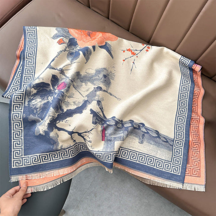 Buddha Stonesと秋の梅の花の軒先水墨画模様の心地よいスカーフショール - ライトスチールブルー - 180×65センチ - image 8