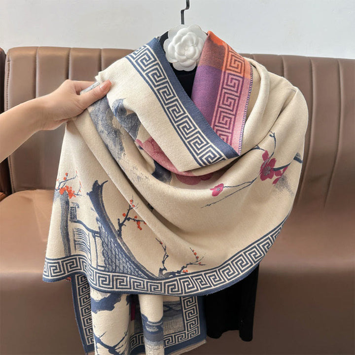 Buddha Stonesと秋の梅の花の軒先水墨画模様の心地よいスカーフショール - image 10